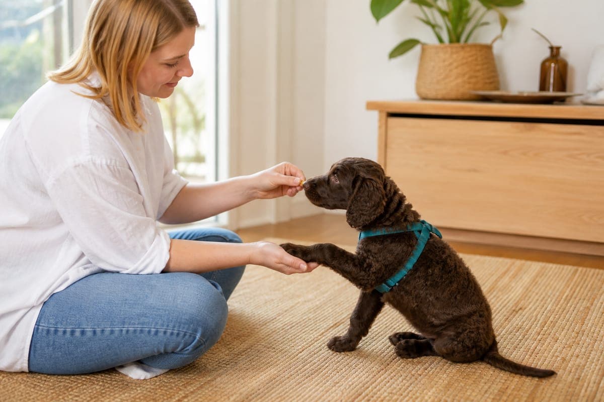 主人轻触幼犬脚掌并给予奖励,幼犬可以自由离开