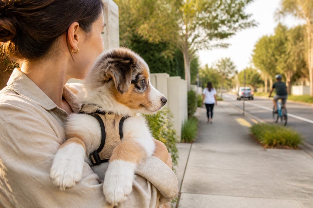 主人抱着幼犬从安全距离观察澳洲郊区的行人与自行车