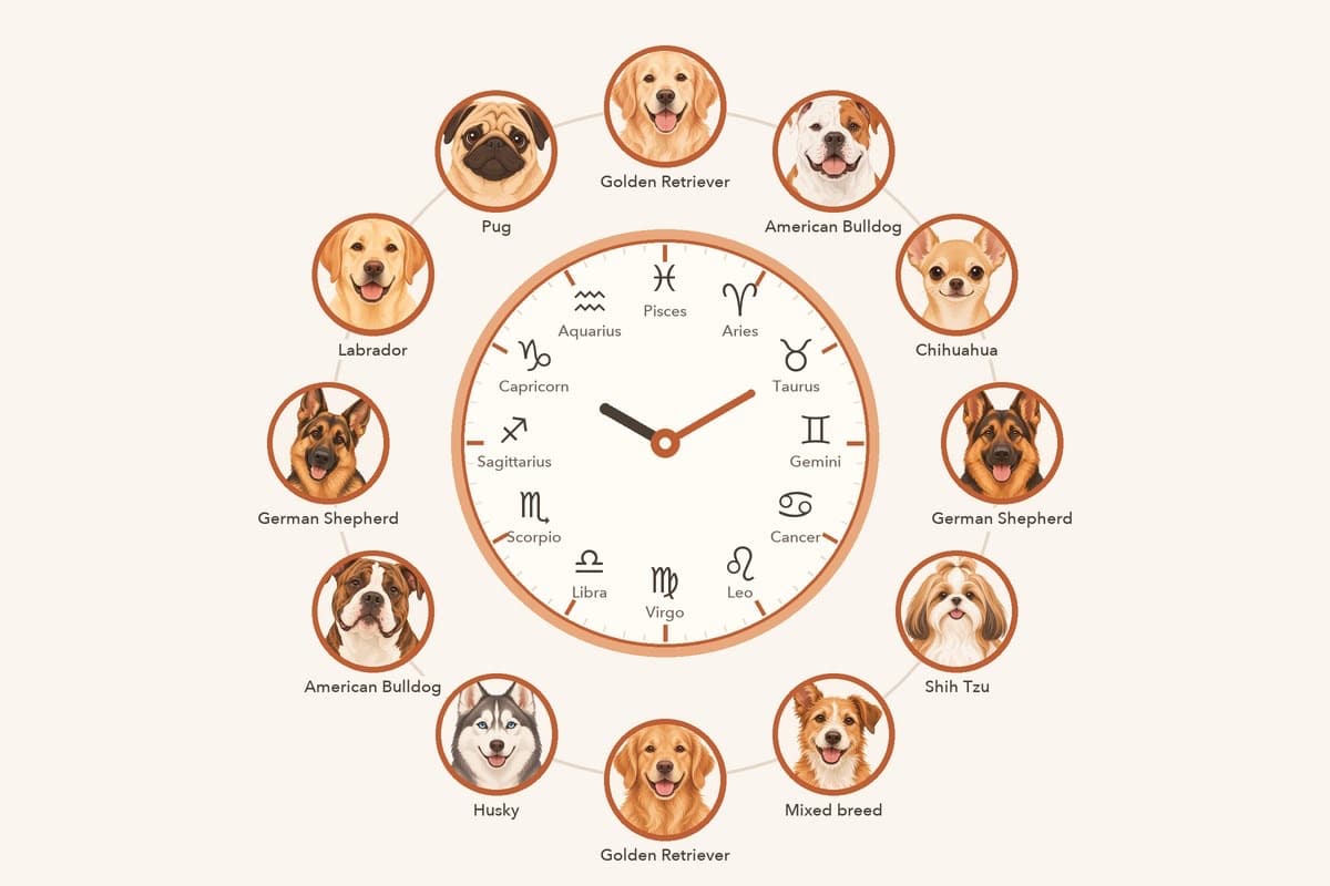 Clock face with the 12 zodiac symbols at the hours, each paired with an illustrated dog head on the outer ring: the most popular purebred for that sign in Rover's 2023 US survey, with a mixed-breed dog at Leo